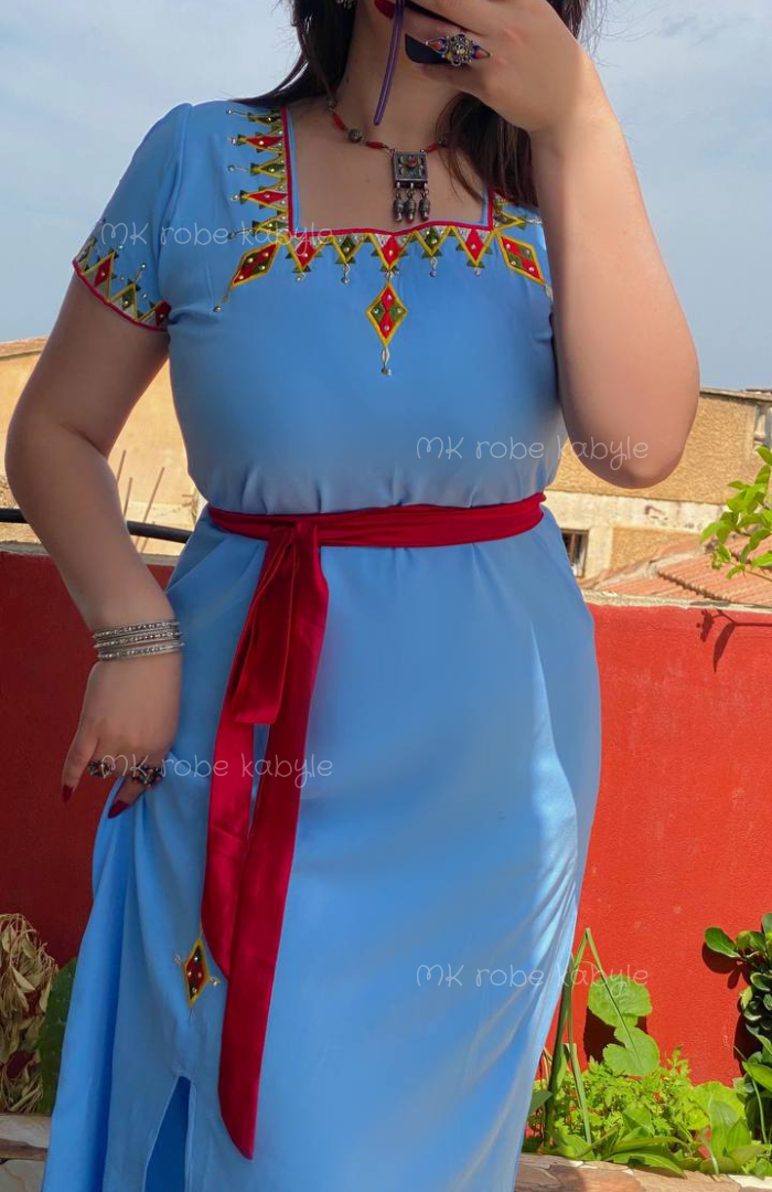 Robe kabyle - Broderie carrée - Bleu