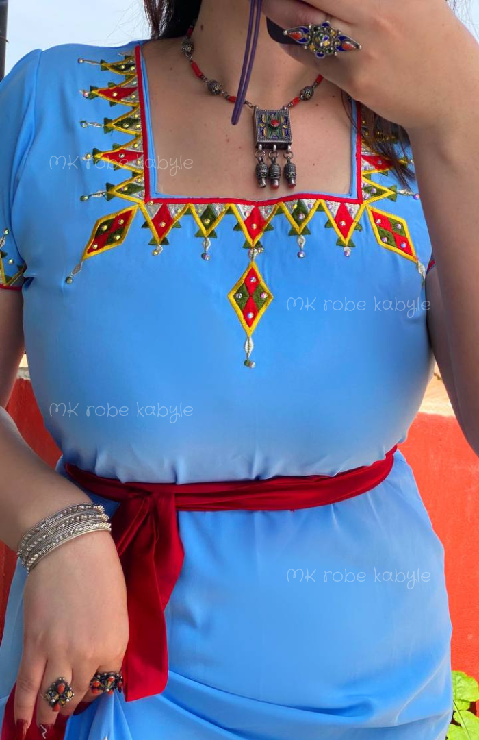 Robe kabyle - Broderie carrée - Bleu – Image 3