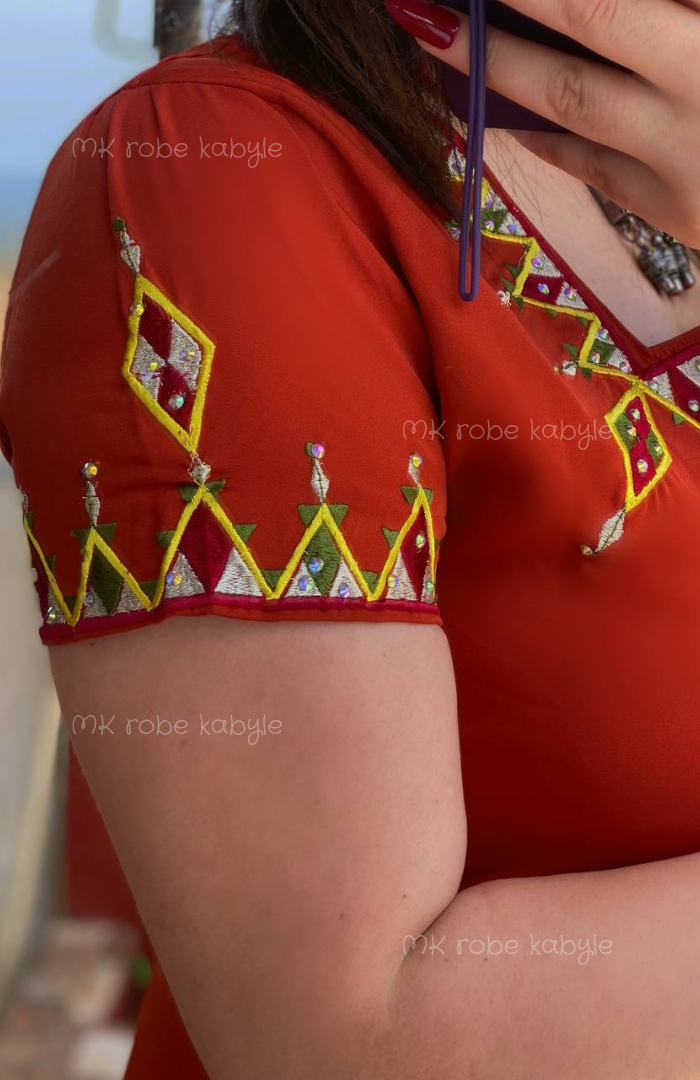 Robe kabyle - Broderie carrée - Rouge brique – Image 3