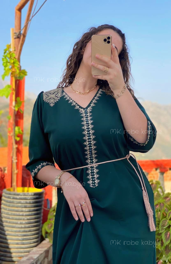 Robe kabyle - Broderie simple - Vert bouteille